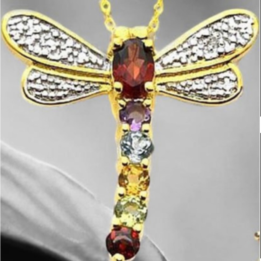 Multi-Gemstone 18kt‎ Gold Plated dragonfly pendant